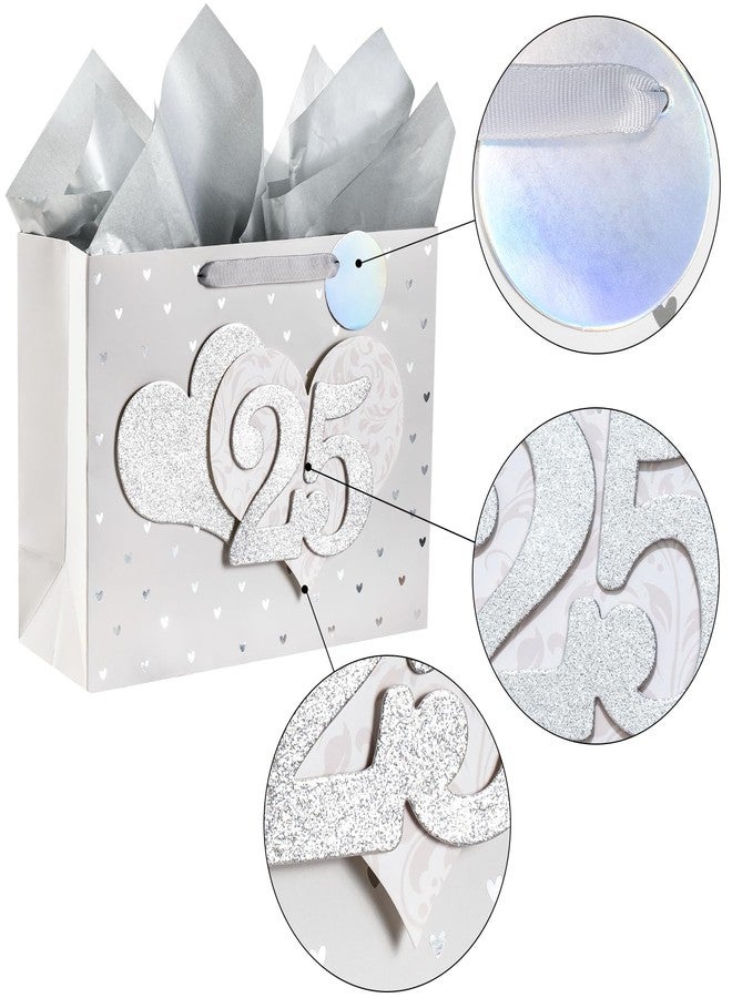LeZakaa 13" Wedding Gift Bag, Silver Gift Bag with Tissue Paper, Gift Tag and Card - Number 25" with Heart 3D Paster for Silver Wedding Anniversary Celebrations - Image 4